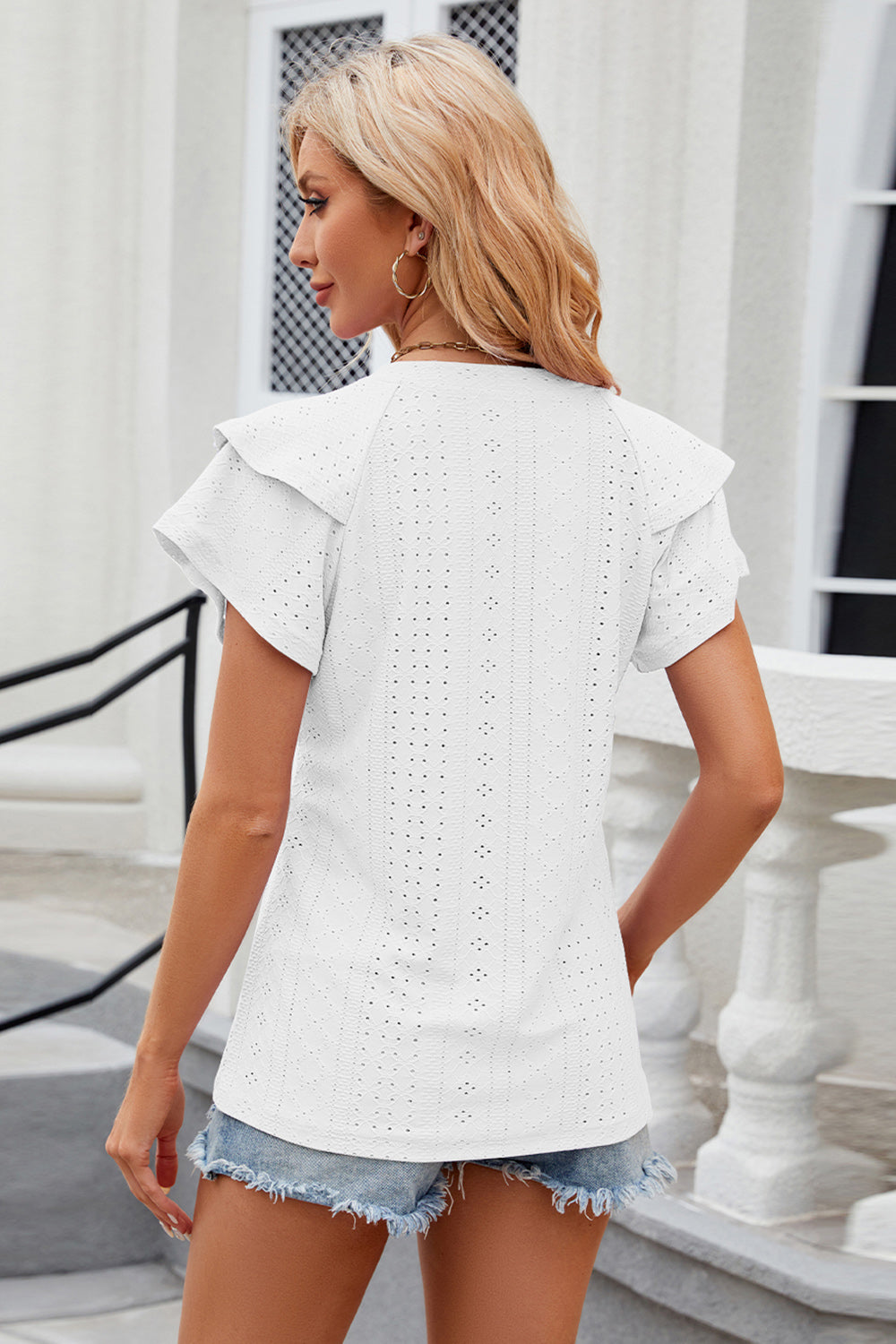 Eyelet Notched Short Sleeve T-Shirt