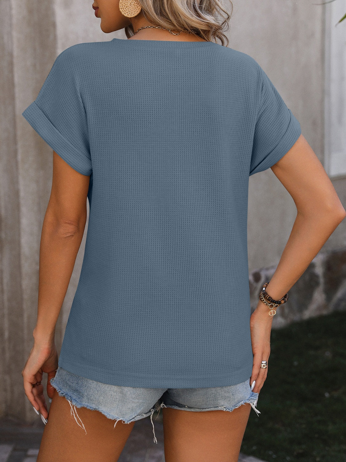 Cable-Knit Round Neck Short Sleeve T-Shirt