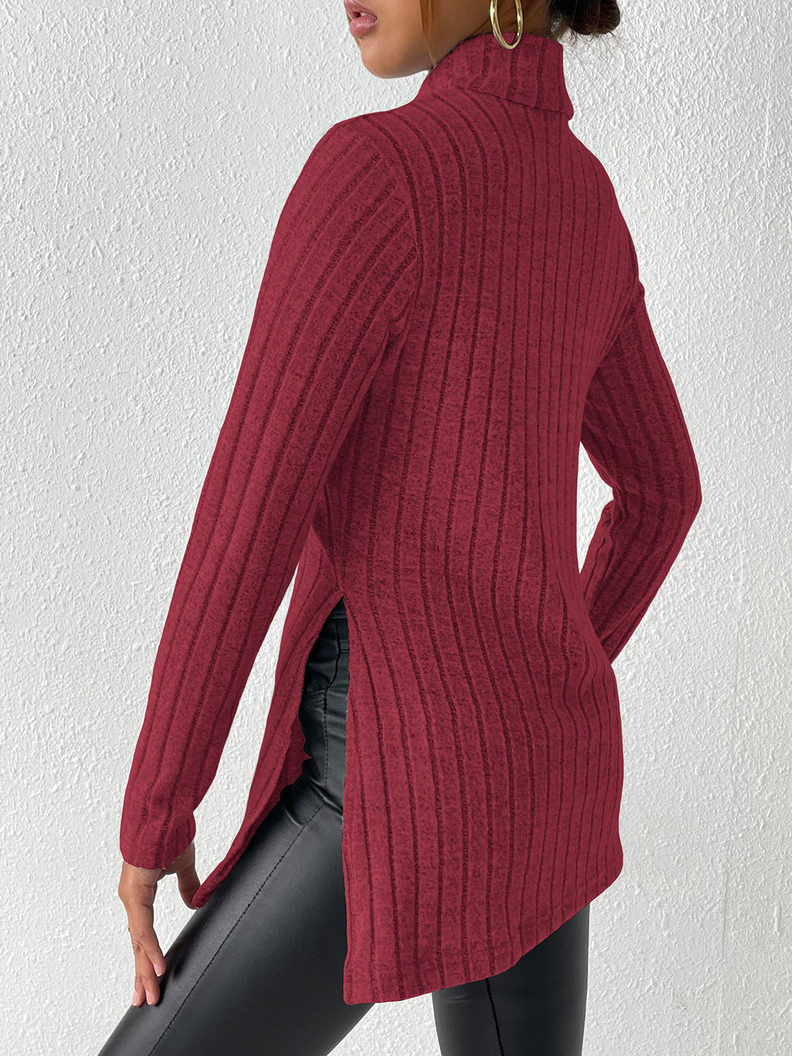 Ribbed Turtleneck Long Sleeve Slit T-Shirt