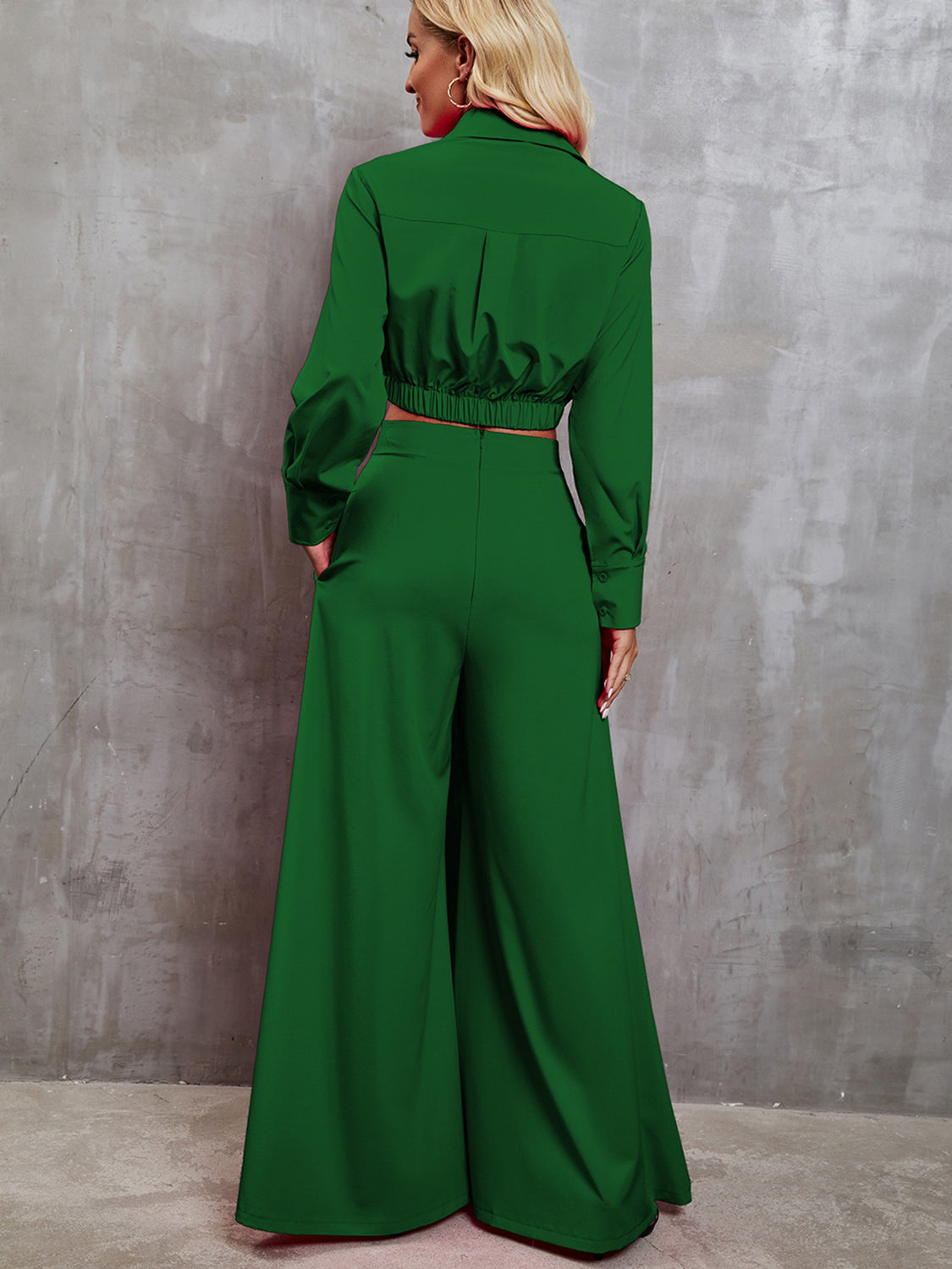 Collared Neck Long Sleeve Top and Wide Leg Pants Set