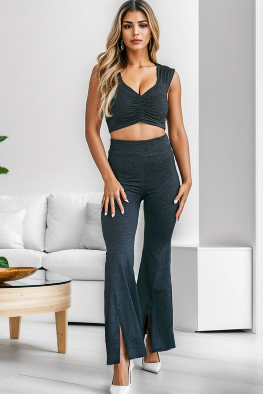 Ruched Cutout Tank and Slit Pants Set