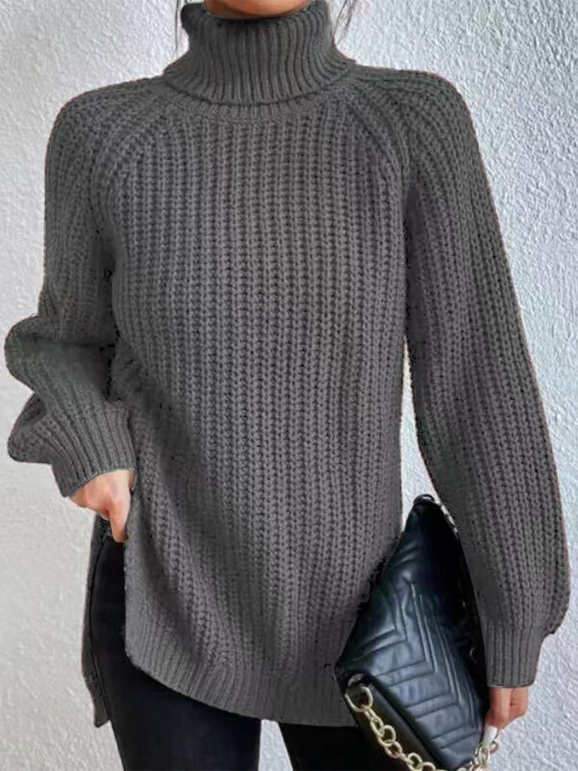 Full Size Turtleneck Rib-Knit Slit Sweater