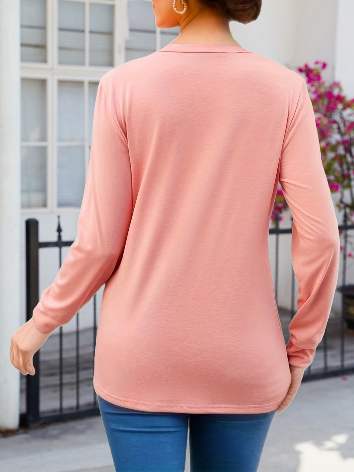 Ruched V-Neck Long Sleeve T-Shirt