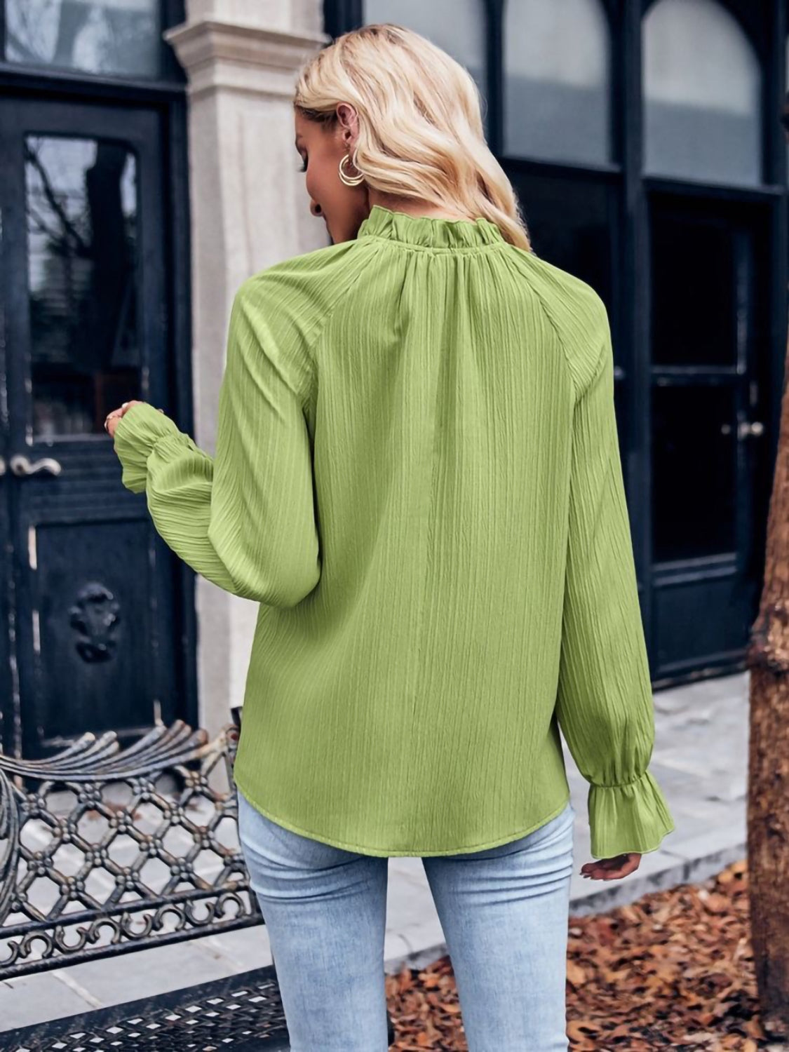 Mock Neck Flounce Sleeve Blouse