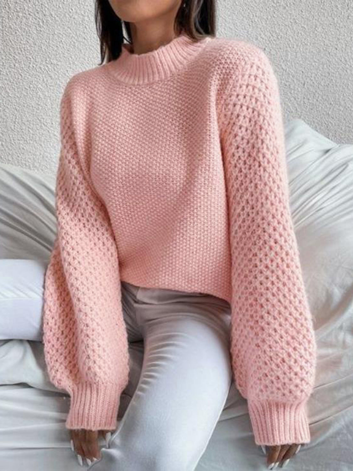 Openwork Mock Neck Long Sleeve Sweater