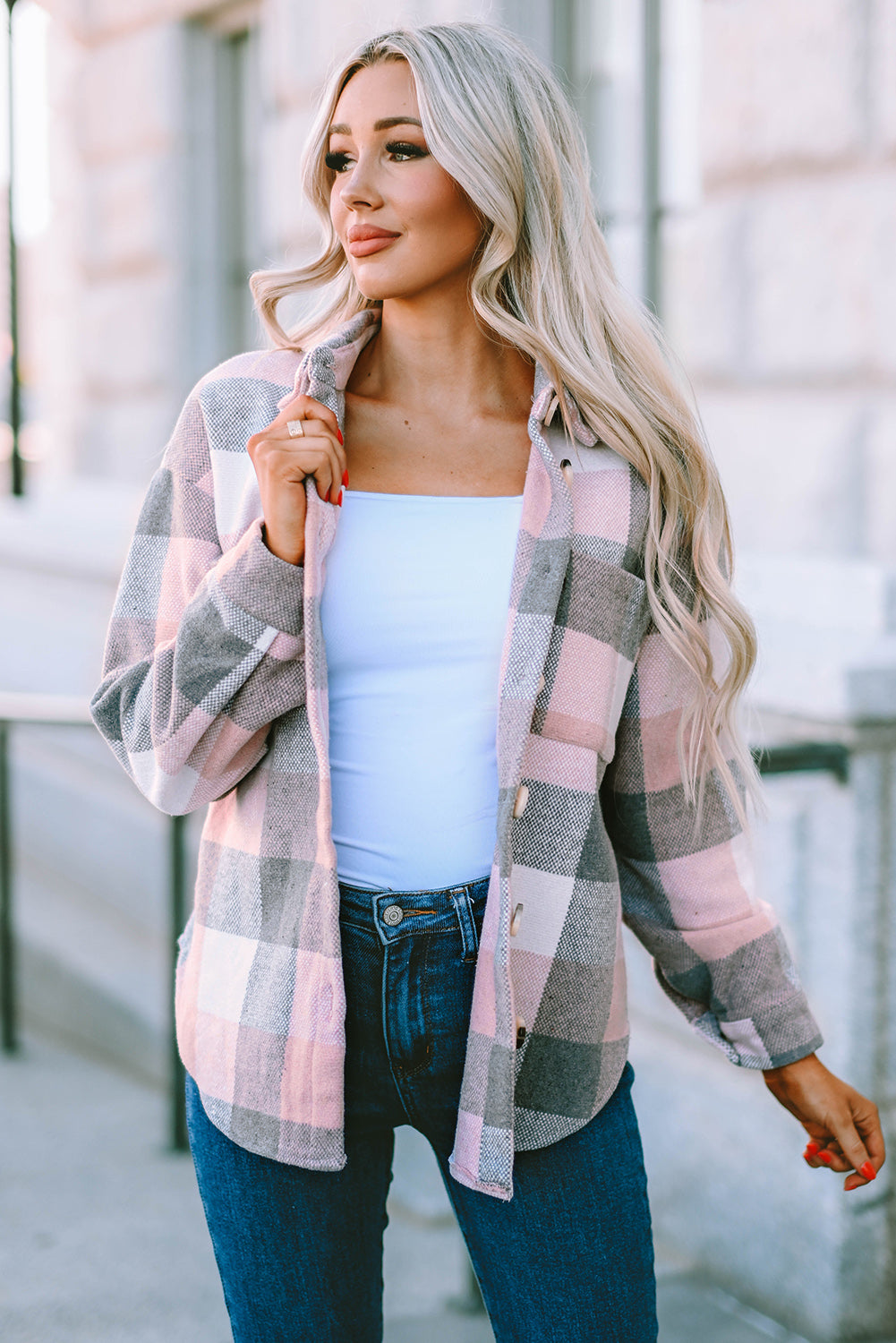 Plaid Button Up Dropped Shoulder Jacket