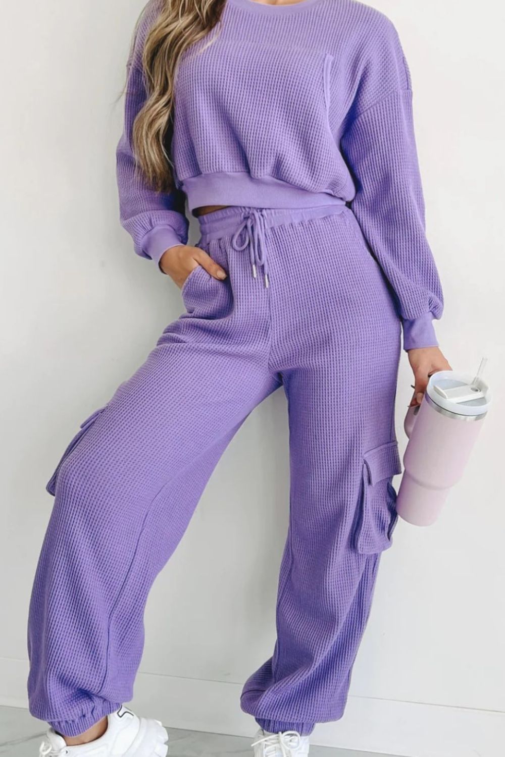 Waffle-knit Top and Drawstring Joggers Set