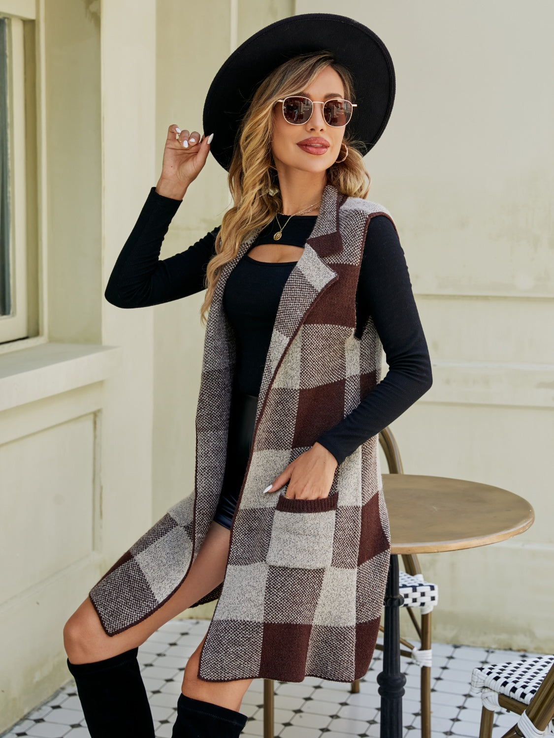 Plaid Lapel Collar Sleeveless Cardigan