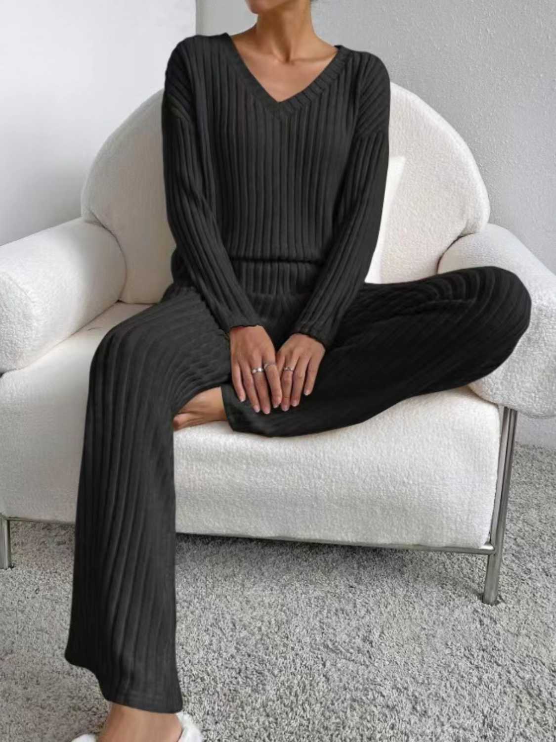 Ribbed V-Neck Long Sleeve Top and Pants Set