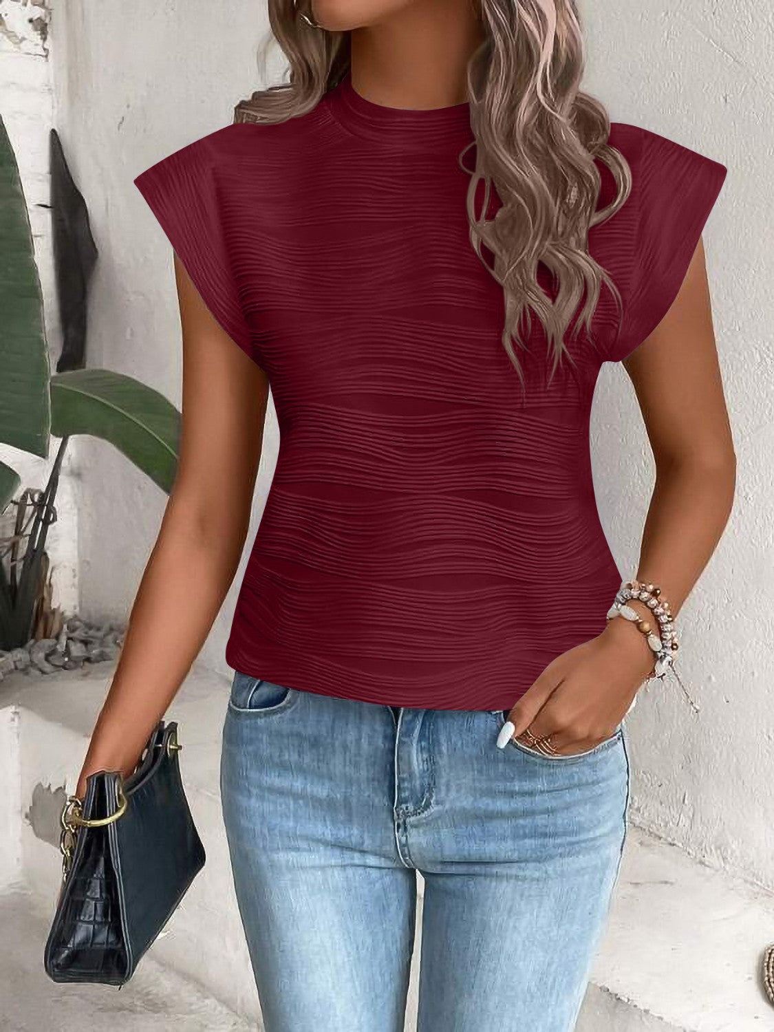 Mock Neck Cap Sleeve T-Shirt