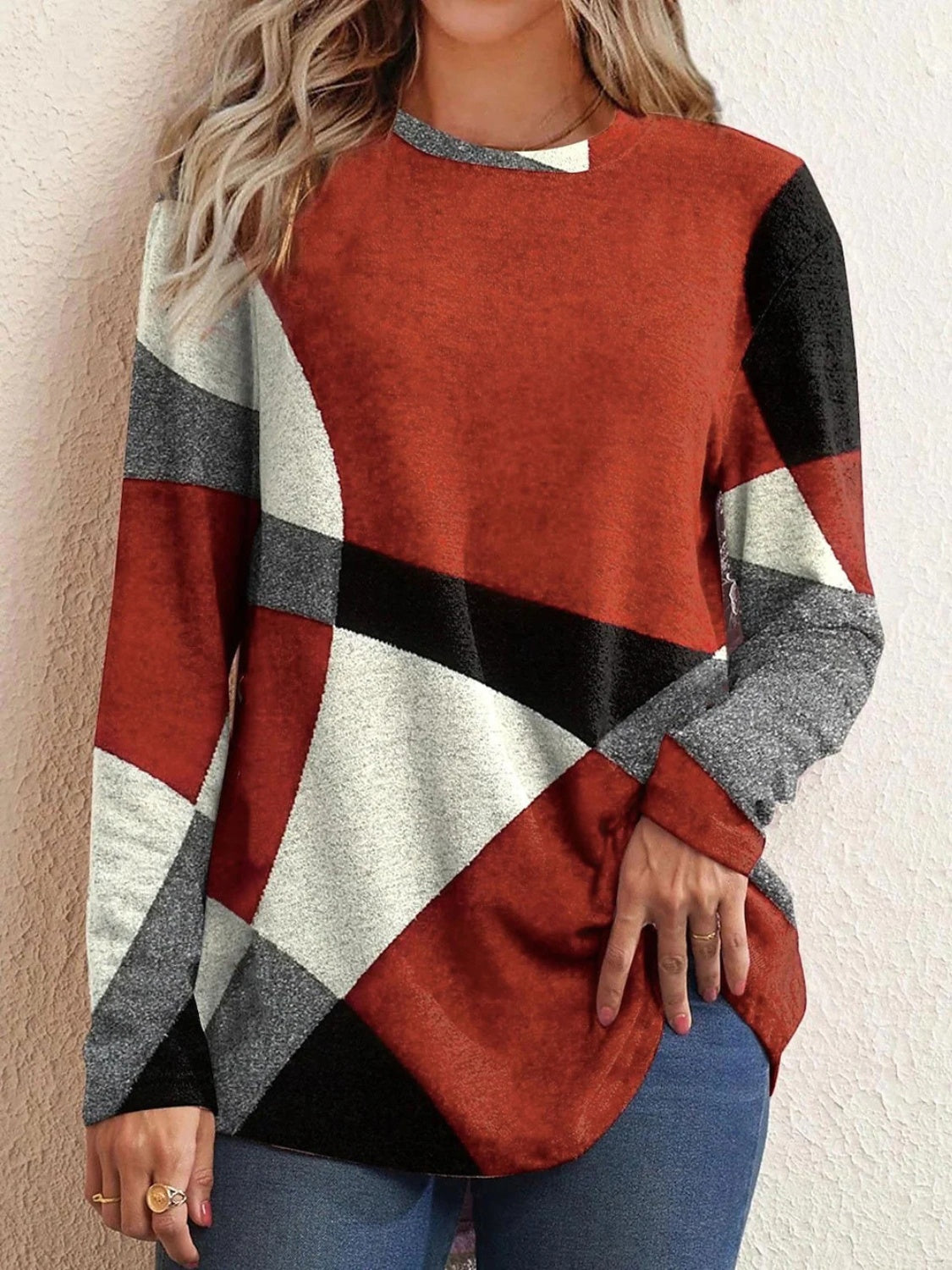 Geometric Round Neck Long Sleeve T-Shirt