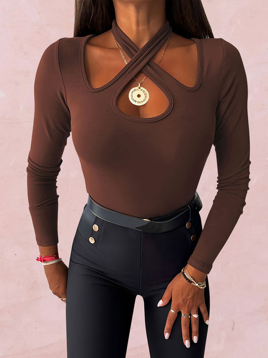 Crisscross Halter Neck Long Sleeve T-Shirt