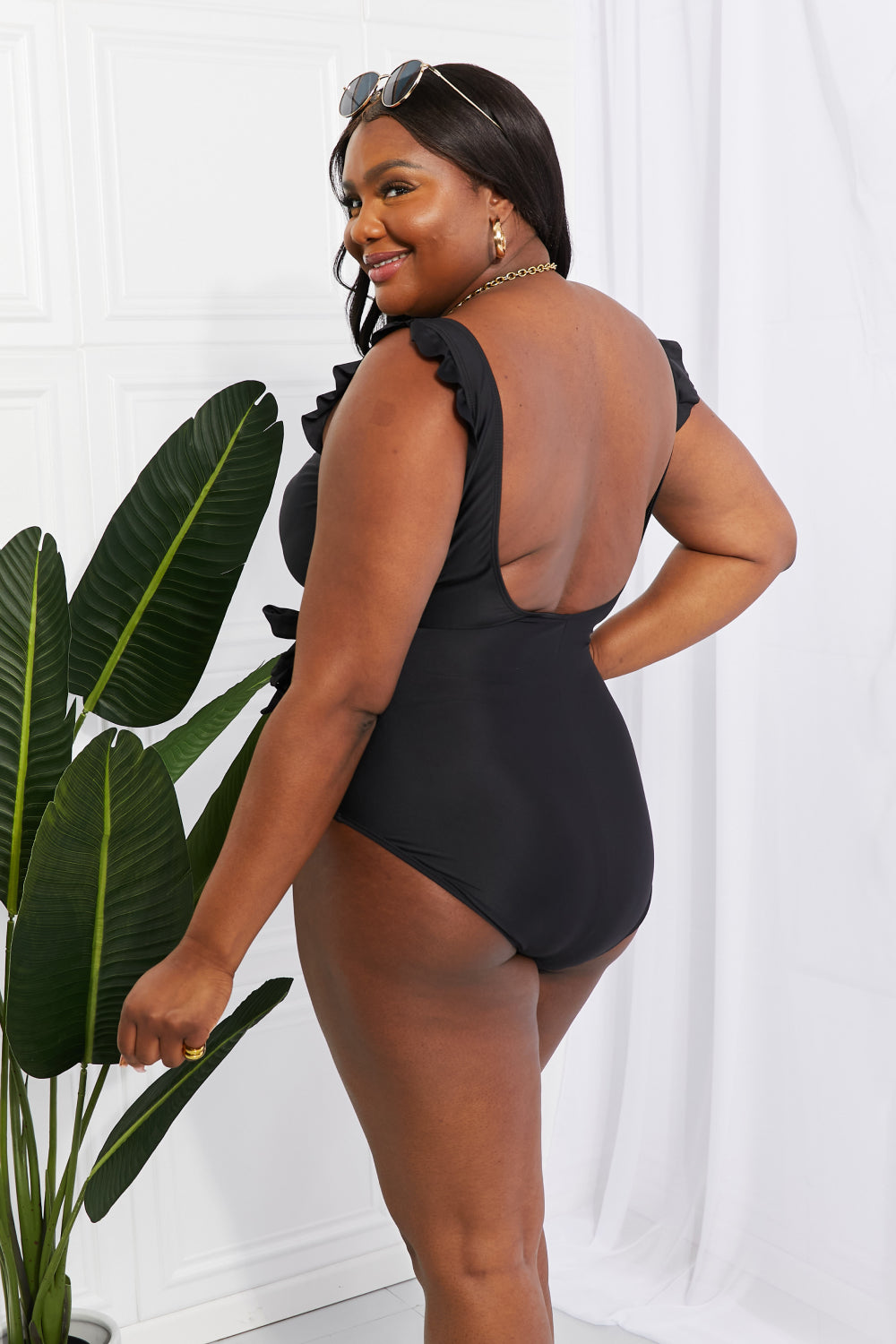 Marina West Swim Full Size Float On Ruffle Faux Wrap One-Piece in Black